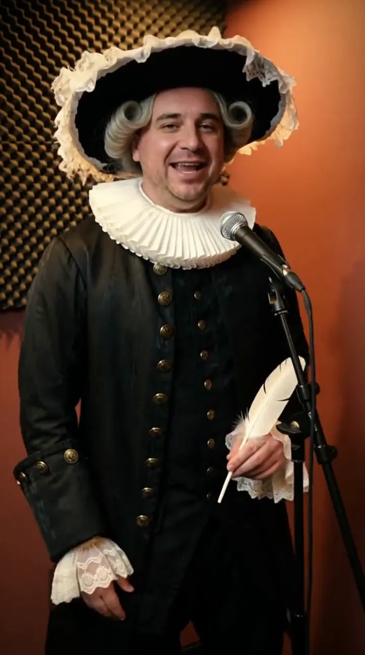 A classic poet goes off — A public-domain literary character, written as a text prompt. Frame from a real Raploom video.