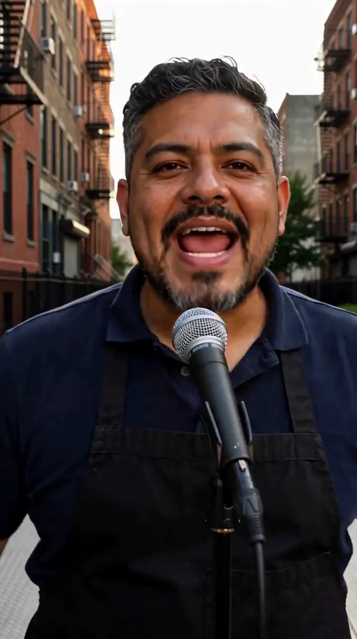 Taco truck grand opening — A shop owner announcing opening day. Frame from a real Raploom video.