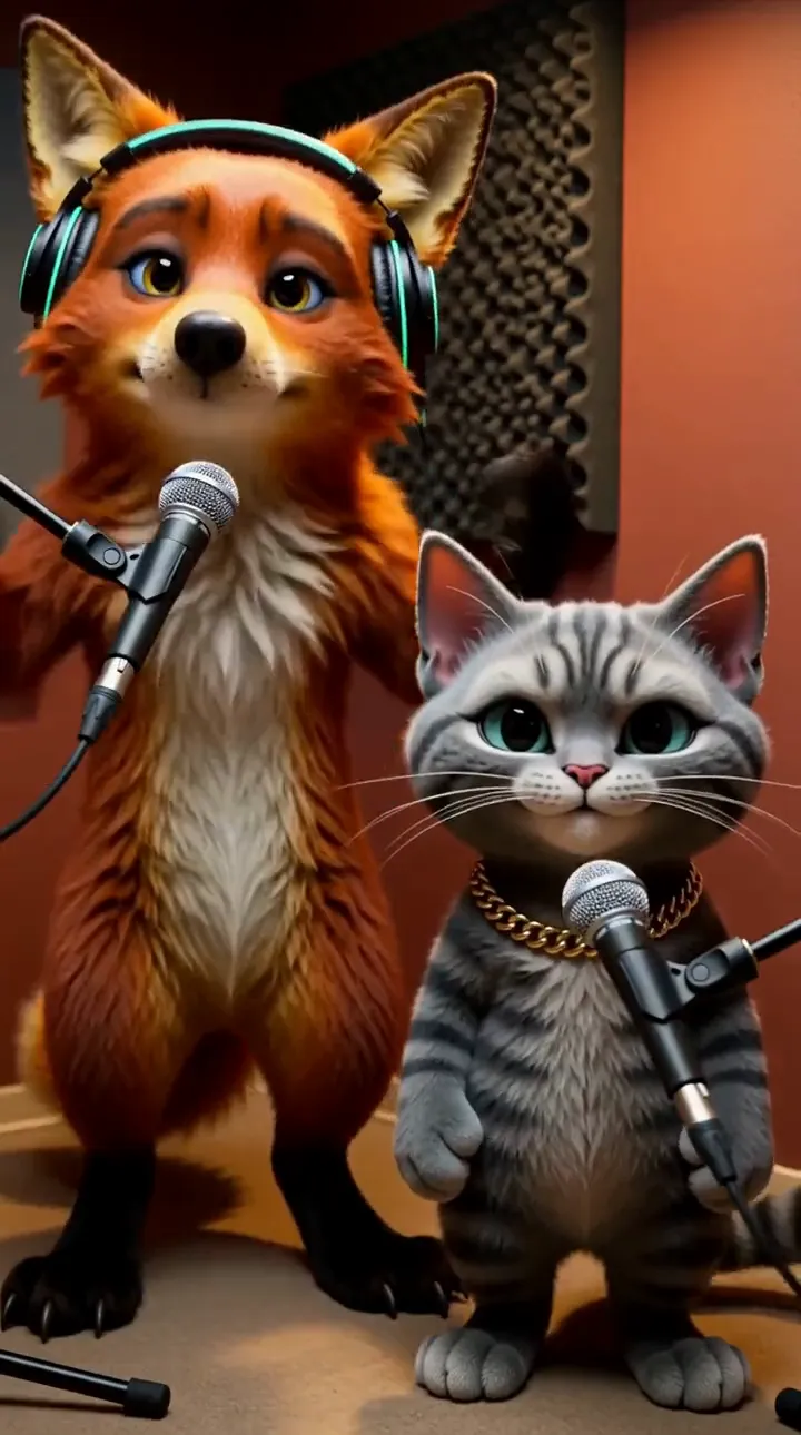 Fox DJ vs. alley cat — No photos — two invented characters trading bars. Frame from a real Raploom video.
